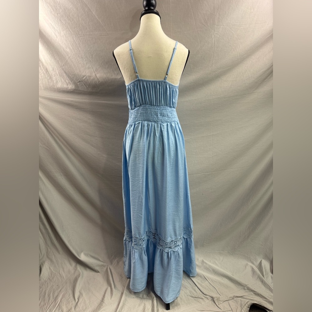 LAST ONE 🔥 Boho Shirred Ruffle Lace Hem Maxi Dress Blue - Picture 7 of 8